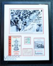 23" x 28" Framed & glazed 1965 Liverpool FC montage with b&w photo of the team with the FA Cup