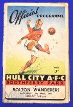 1946/47 Hull City v Bolton Wanderers friendly match programme at Boothferry Park, 3 May 1947; age