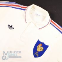 1988 France White Rugby Jersey: Phillipe Berot 14 Adidas white example with red/blue stripes to