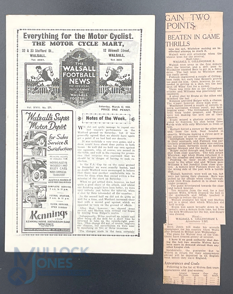 1937-38 Walsall v Gillingham (Division Three South) 12th March 1937 football programme, signed by