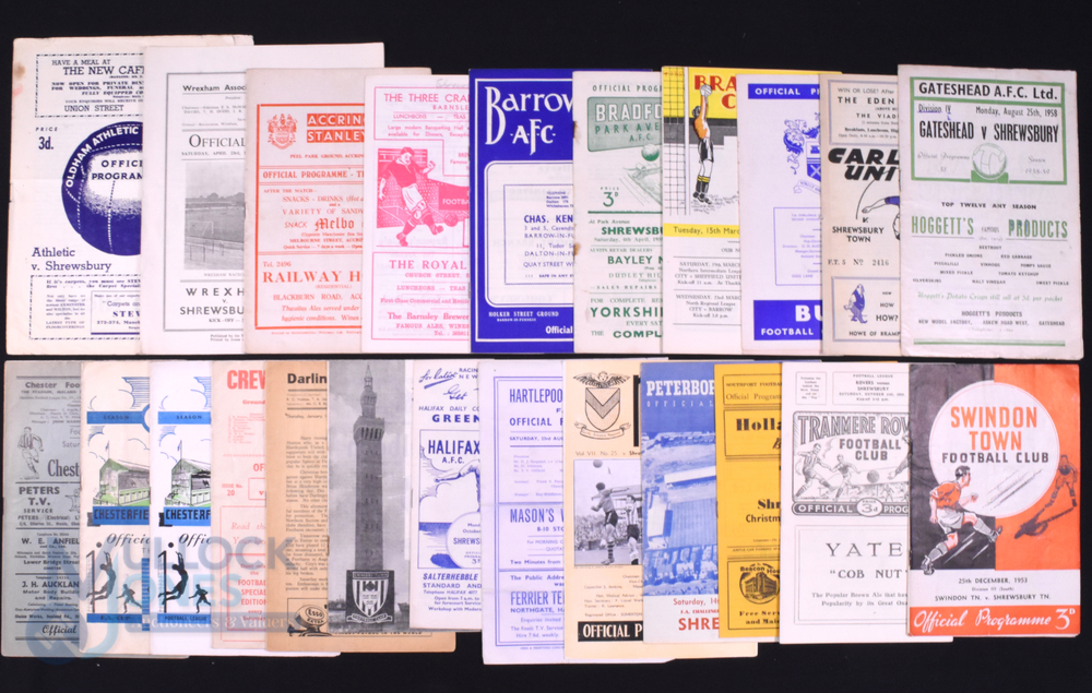 Shrewsbury Town away match programmes v Accrington Stanley 1959/60, Barnsley 1959/60, Barrow 1958/59