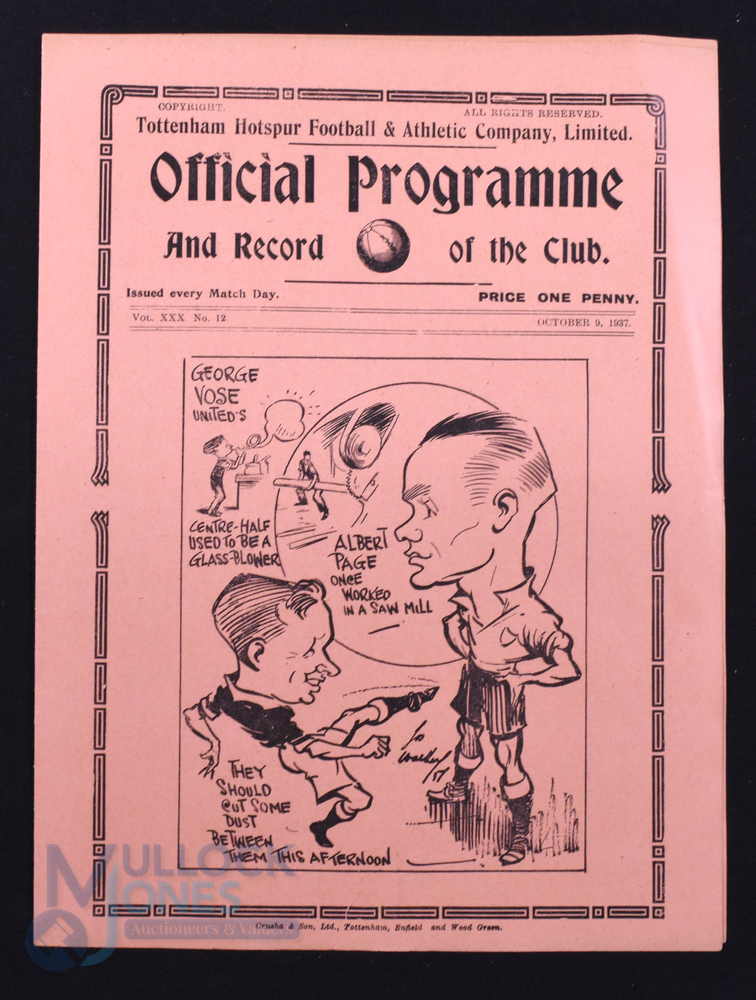 Pre-War 1937/1938 Tottenham Hotspur v Manchester Utd Div. 2 match programme 9 October 1937, 4 pages;