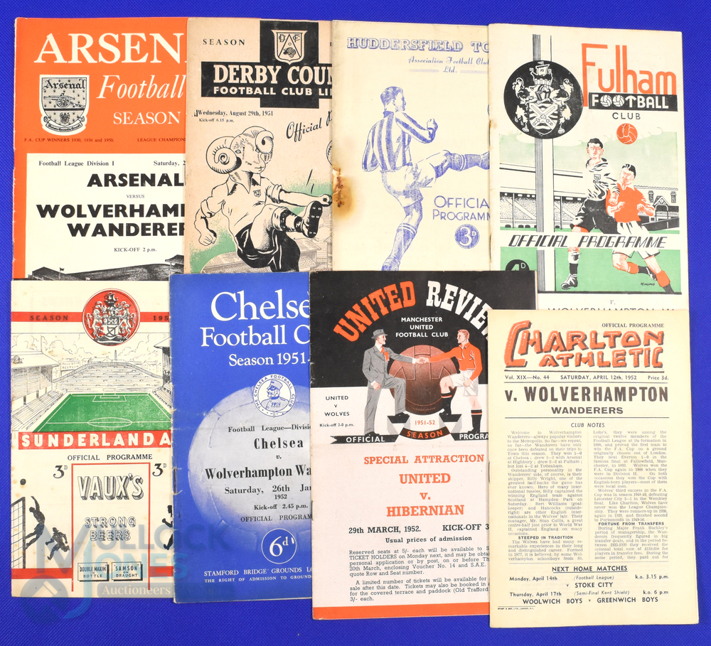 1951/52 Wolverhampton Wanderers away match programmes v Derby County, Huddersfield Town (heavy