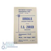 1963/64 European Cup match programme Dundalk v FC Zurich at Dalymount Park 11 September 1963;