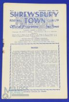 1949/50 Pre-league Shrewsbury Town v Doncaster Rovers Midland League match programme 10 September