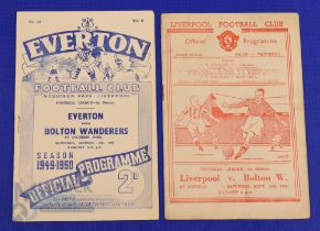 1949/50 Bolton Wanderers away match programmes v Everton, and v Liverpool; fair/good. (2)