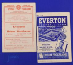 1948/49 Bolton Wanderers away match programmes v Everton, Liverpool; fair/good. (2)