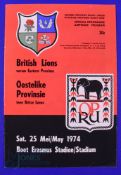 1974 British and I Lions v Eastern Province Rugby Programme: At Port Elizabeth. 20pp, excellent