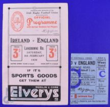 Scarce 1936 Ireland v England Rugby Programme and Ticket (2): Attractive packed 20pp Dublin issue,