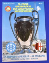 1st Champions League Cup Final match programme Olympique Marseille v AC Milan 26 May 1993; good. (