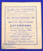 1946/47 1946/47 Bolton Wanderers v Liverpool (champions) Div. 1 match programme 14 September 1946;