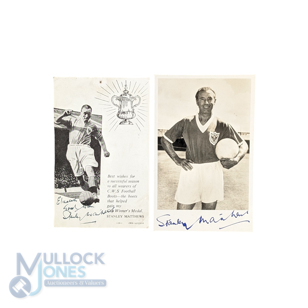 Stanley Matthews signed card, a CWS football boots signed card with dedication, with a period - Image 2 of 3