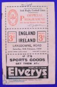 Scarce 1934 Ireland v England Rugby Programme: Attractive packed 20pp Dublin issue, good pics and
