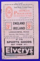 Scarce 1934 Ireland v England Rugby Programme: Attractive packed 20pp Dublin issue, good pics and