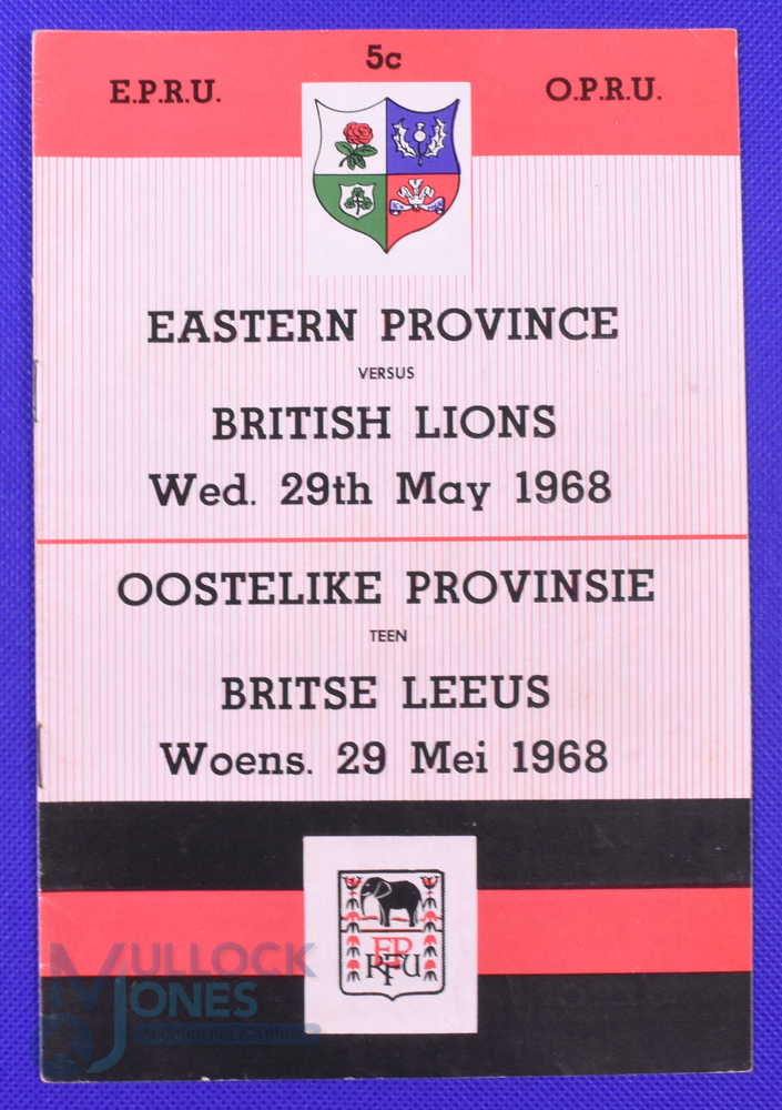 1968 British and I Lions Rugby Programme v Eastern Province: At Port Elizabeth 29/5/68 8pp,