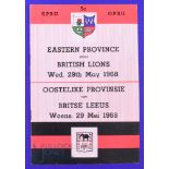 1968 British and I Lions Rugby Programme v Eastern Province: At Port Elizabeth 29/5/68 8pp,