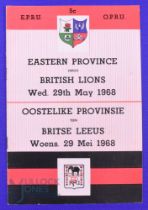 1968 British and I Lions Rugby Programme v Eastern Province: At Port Elizabeth 29/5/68 8pp,