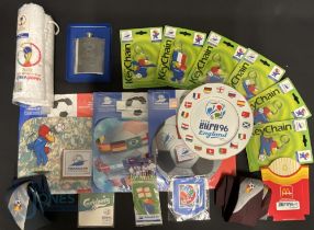 Euro 1996 and World Cup France 1998 memorabilia - carded keyrings, plate, mouse mats, whiskey flask,