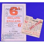 1951 Ireland v England Rugby Programme and Ticket (2): Good clean Dublin issue and ticket in an