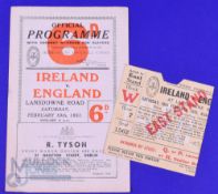 1951 Ireland v England Rugby Programme and Ticket (2): Good clean Dublin issue and ticket in an