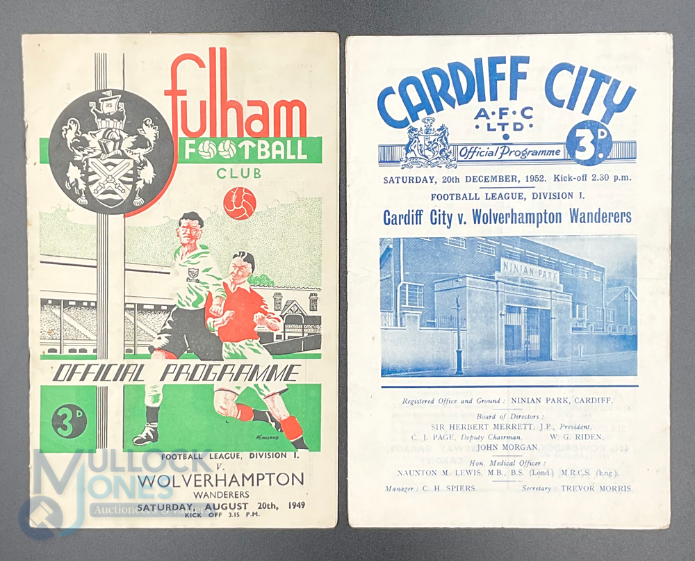 1949-50 Fulham v Wolverhampton Wanderers 20th August 1949 football programme, together with 1952-