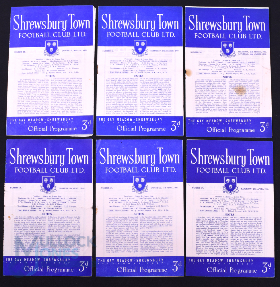 1952/53 Selection of Shrewsbury Town home match programmes v Newport County, Bristol City,