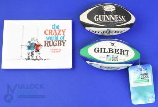 RWC 1999/2003 Miniature Rugby Balls/Rugby Cartoon Book (3): Two 6" x 3" Gilbert RWC leather-look