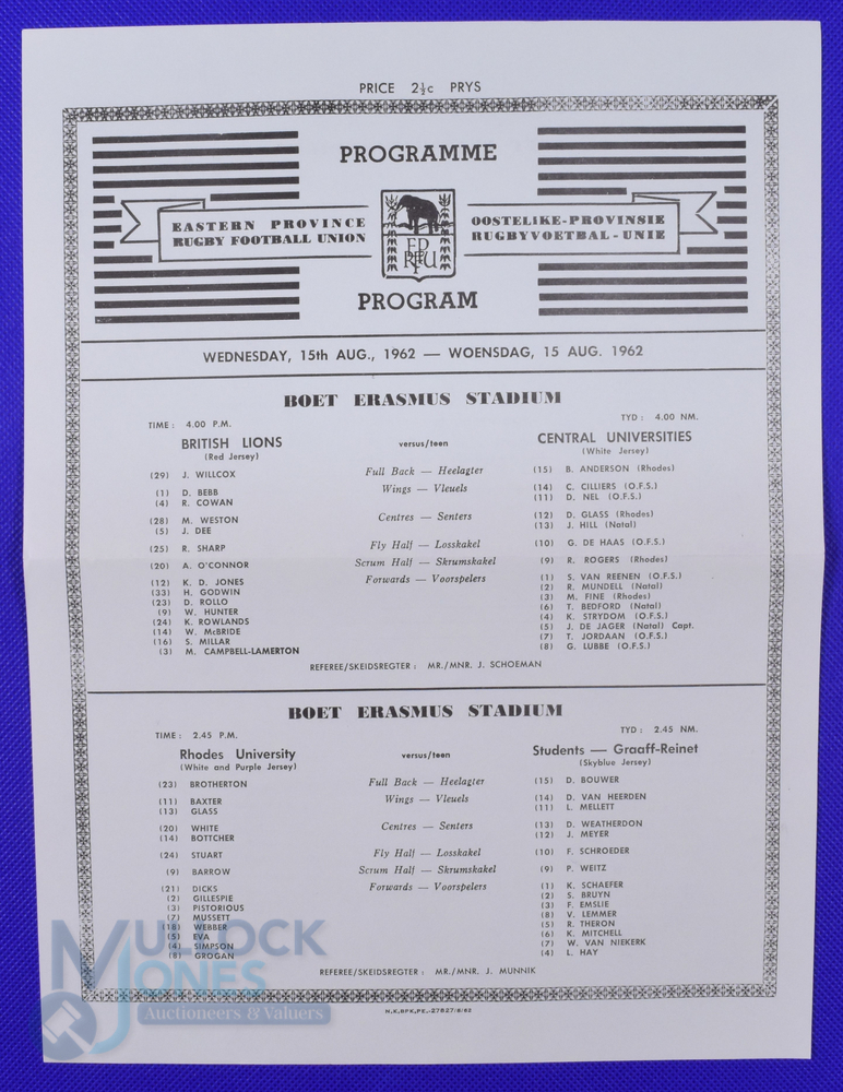 Scarce 1962 British and I Lions Rugby Programme: Folded large sheet, Eastern Province official