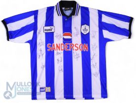 1996/97 Sheffield Wednesday Multi-Signed home football shirt in blue and white, Puma/Sanderson, size