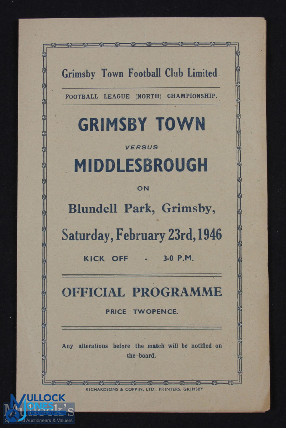 1945/46 Football League North Grimsby Town v Middlesbrough 4 page match programme, 23 February 1946;