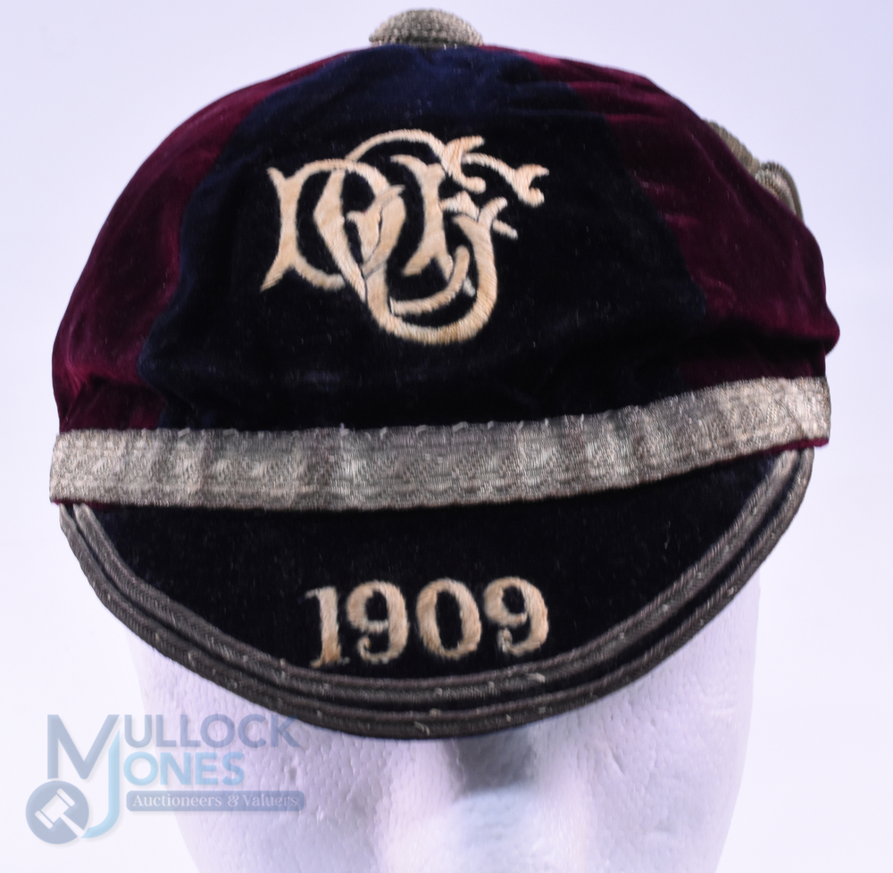 1909 Durham University (?) Velvet Rugby Honours Cap: Black and maroon 6-panel cap with DUFC monogram - Image 2 of 3