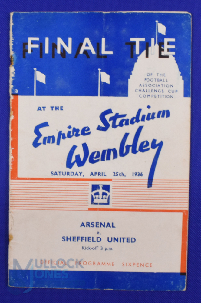 1936 FA Cup Final Arsenal v Sheffield Utd match programme 25 April 1936 at Wembley; heavy rust to