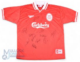 1997/98 Liverpool Multi-Signed home football shirt in red, Reebok/Carlsberg, short sleeve, 42/44"