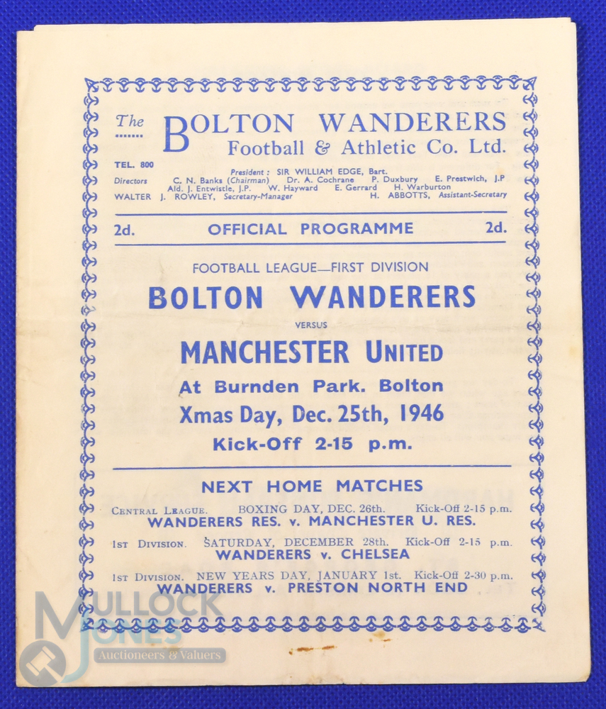 1946/47 Bolton Wanderers v Manchester Utd Div. 1 match programme Xmas Day 1946; slight crease,