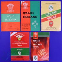 Wales and Ireland Rugby Programmes (5): Home and Away, from 1955, 73, 84, 87 and 93. Gen G