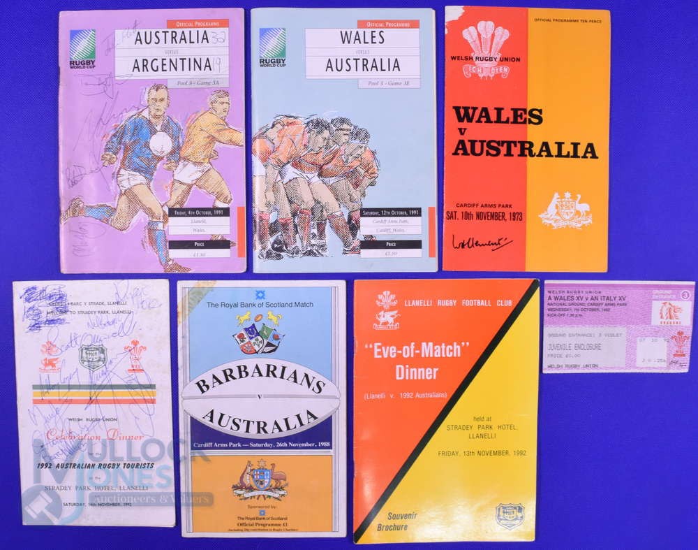 Australian Connection inc Signed Rugby Programmes etc (7): RWC 1991 Australia v Wales and v