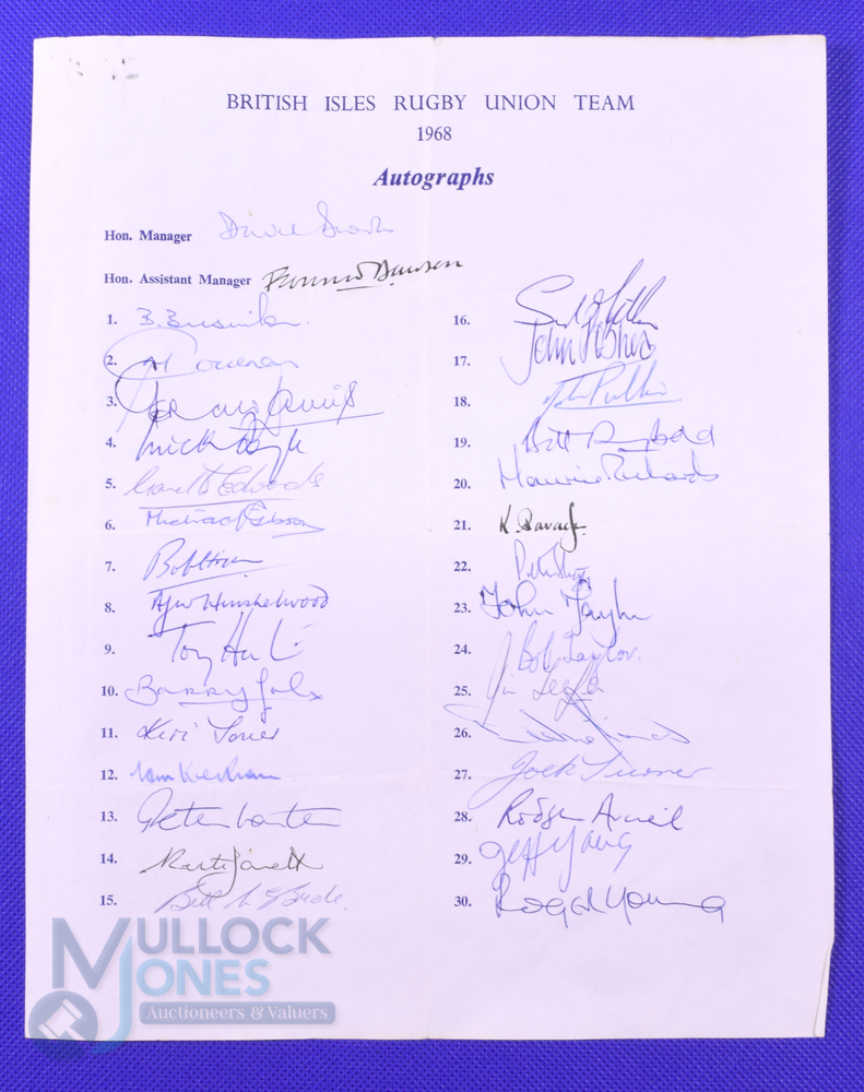 1968 British and I Lions Rugby, Official Hand signed Autograph Sheet: Signed by the squad of 30