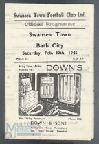 1944-45 Swansea Town v Bath City 10th February 1945 football programme, having light pocket folds