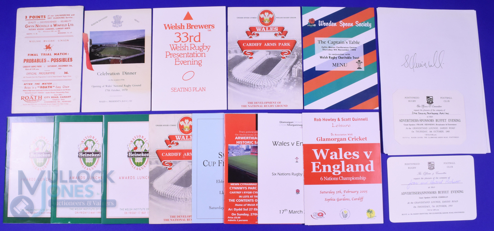 Welsh Interest Programme and Menus (20): Final WRU Trial 1953 programme; and menus from Wales v