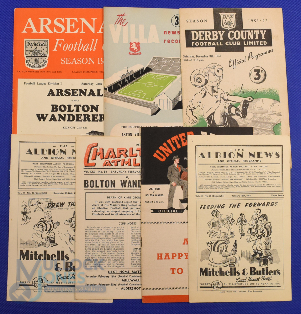 1951/52 Bolton Wanderers away match programmes to include Arsenal, Derby County, Aston Villa, WBA,