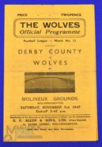 1945/46 Wolverhampton Wanderers v Derby County football league south programme 3rd November 1945;