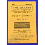 1945/46 Wolverhampton Wanderers v Derby County football league south programme 3rd November 1945;