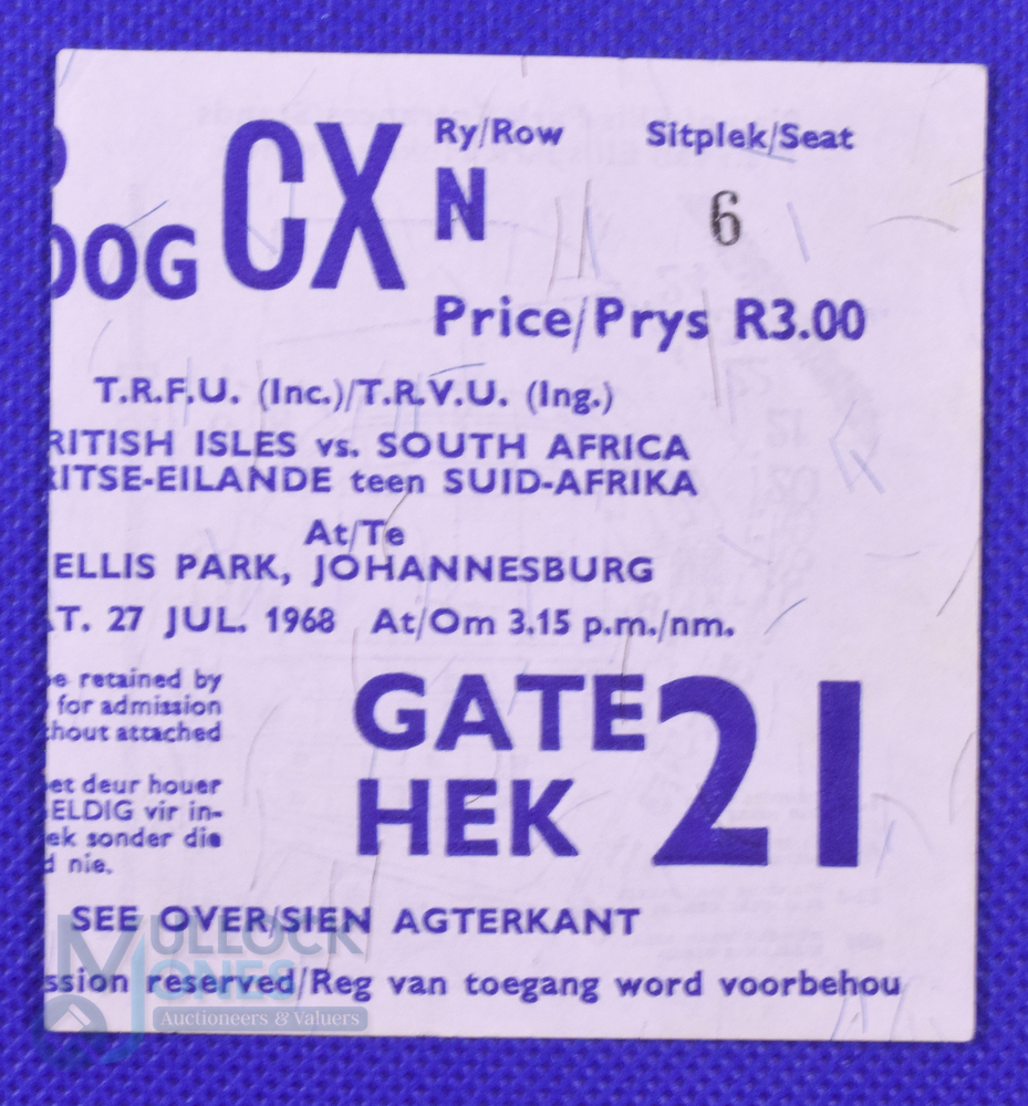 1968 British and I Lions Rugby, Ticket Fourth Test Ellis Park: White and blue seated ticket for