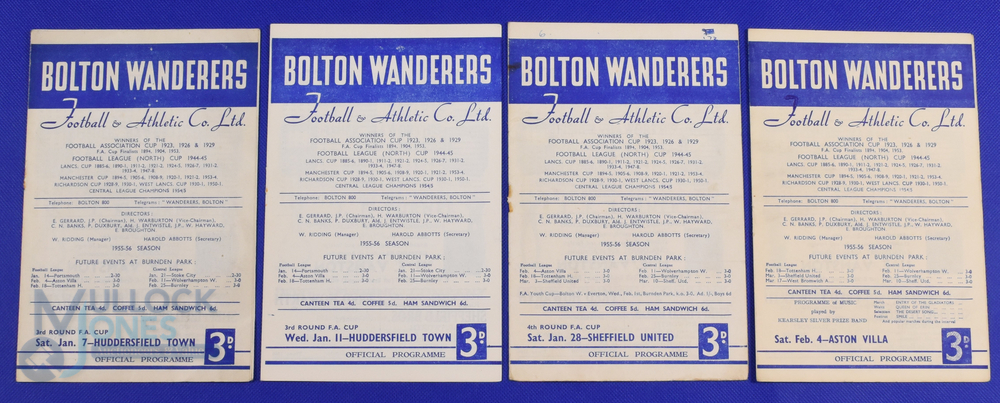 1955/56 Bolton Wanderers home match programmes to include Huddersfield Town (FAC 7 January 1956),