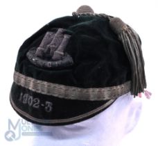 1902-3 Devon County Velvet Rugby Honours Cap: Classic dark green county example, with Devon crest