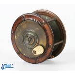 Chas Farlow Maker, 191 The Strand, London, wood and brass light salmon/sea trout reel, 3.5” wide