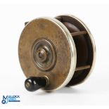 A fine Mallochs Patent Sun and Planet brass and ebonite centre pin salmon reel, 4” wide spool with