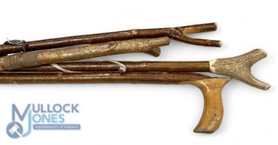 Collection of four hazel wading staffs with stag horn and polished wood thumb grips, sizes 45”-58”