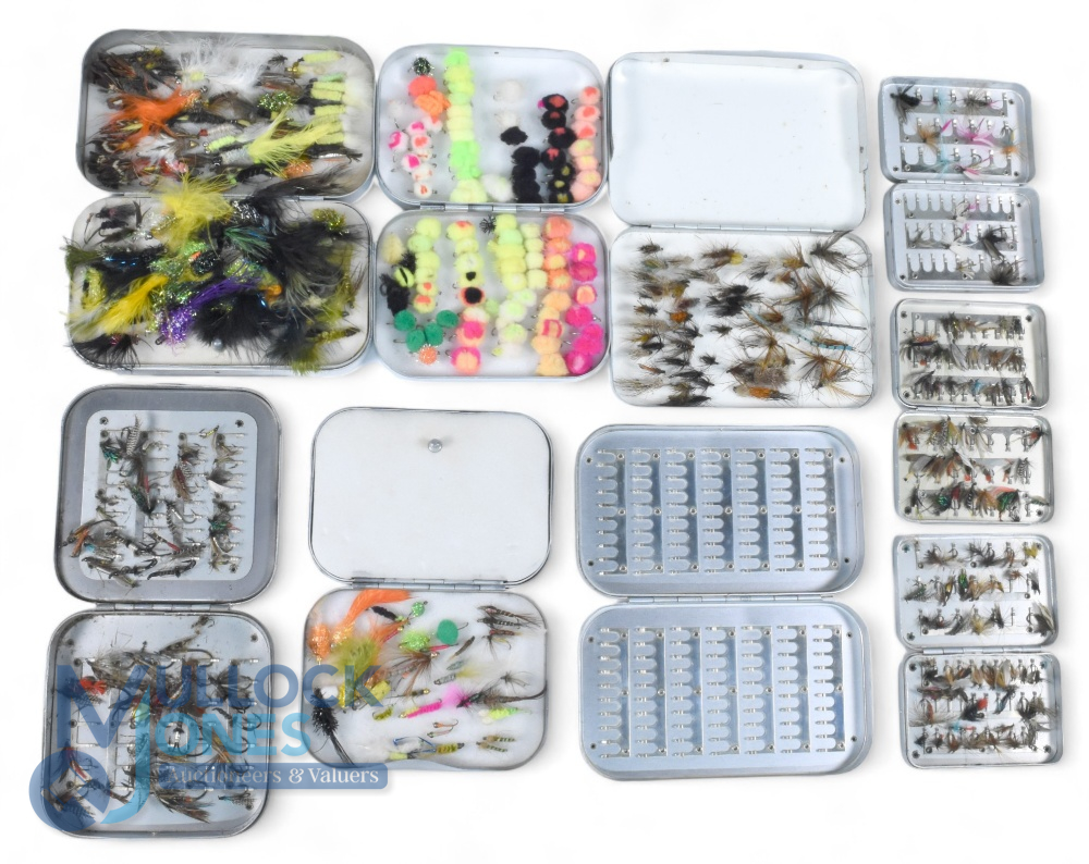 Collection of 9 alloy fly boxes, 8 by Wheatley in a mixture of patterns, with clip interior, swing