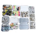 Collection of 9 alloy fly boxes, 8 by Wheatley in a mixture of patterns, with clip interior, swing